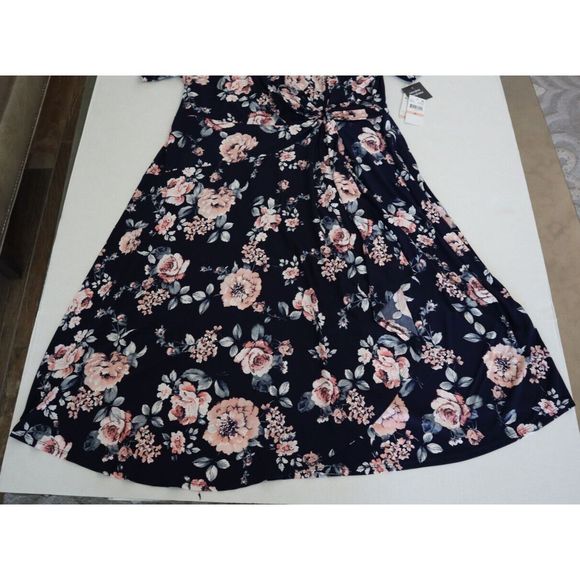 Signature x Robbie Bee Women's Plus Sz 2XL Navy Floral Print Midi Wrap Dress - Picture 10 of 12